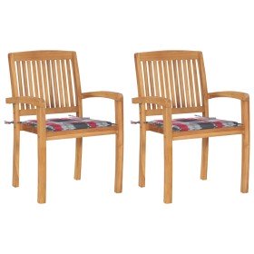 Sillas de jardín 2 uds madera de teca y cojines a cuadros rojos