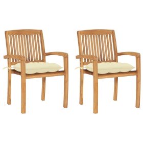 Sillas de jardín 2 uds madera de teca con cojines blanco crema