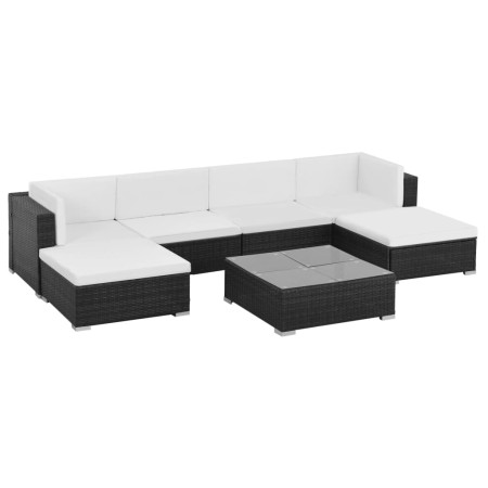 Set muebles de jardín 7 piezas y cojines ratán sintético negro