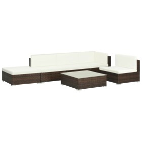 Set muebles de jardín 6 piezas y cojines ratán sintético marrón