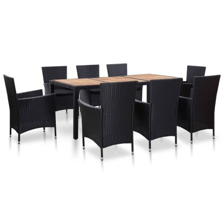 Set comedor de jardín 9 piezas y cojines ratán sintético negro