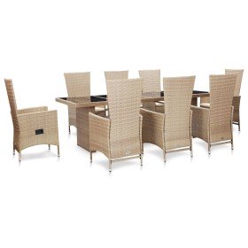 Set comedor de jardín 9 piezas y cojines ratán sintético beige
