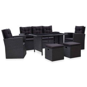 Set muebles de jardín 6 piezas y cojines ratán sintético negro