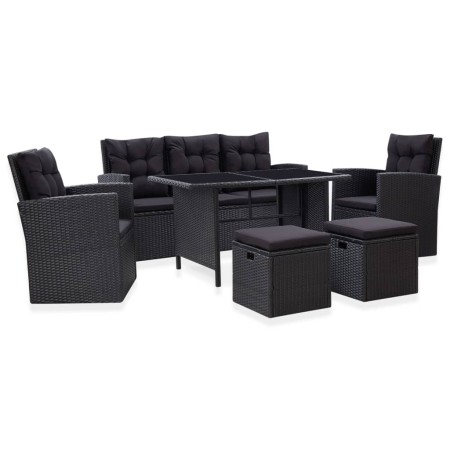 Set muebles de jardín 6 piezas y cojines ratán sintético negro