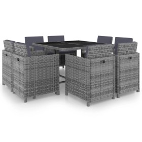 Set comedor de jardín 9 piezas y cojines ratán sintético gris Set comedor de jardín 9 piezas y cojines ratán sintético gris