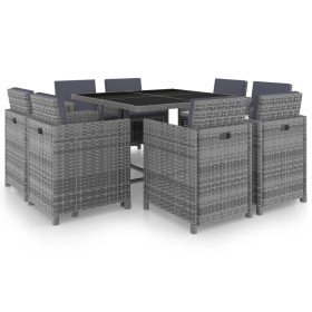 Set comedor de jardín 9 piezas y cojines ratán sintético gris