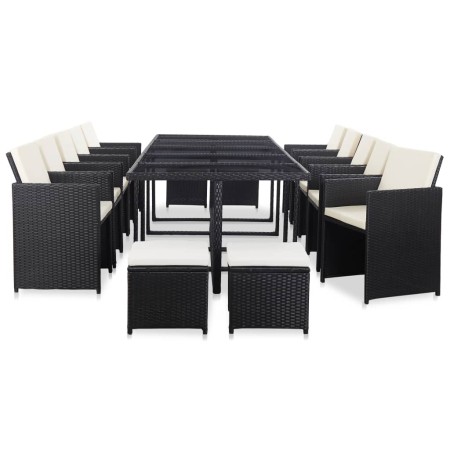 Set comedor de jardín 15 piezas y cojines ratán sintético negro