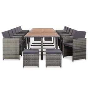 Set de comedor de jardín 17 pzas y cojines ratán sintético gris Set de comedor de jardín 17 pzas y cojines ratán sintético gris