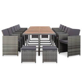 Set de comedor de jardín 17 pzas y cojines ratán sintético gris