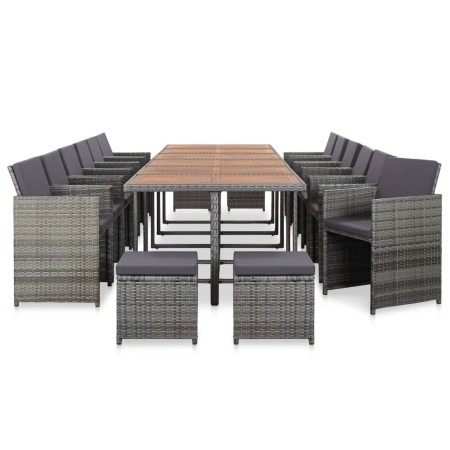 Set de comedor de jardín 17 pzas y cojines ratán sintético gris