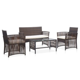 Set muebles de jardín 4 piezas y cojines ratán sintético marrón Set muebles de jardín 4 piezas y cojines ratán sintético marrón