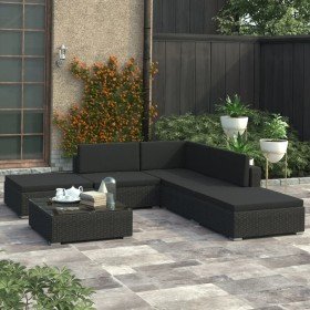 Set muebles de jardín 6 piezas y cojines ratán sintético negro
