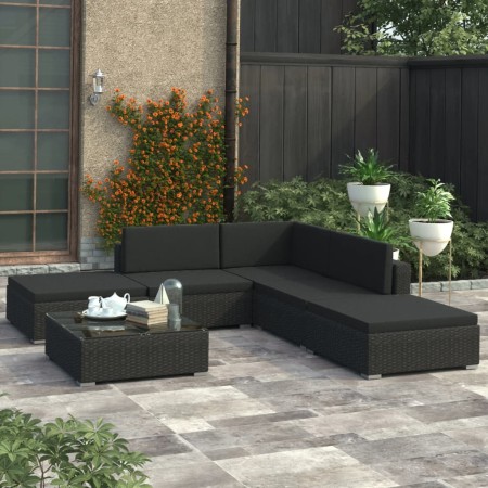 Set muebles de jardín 6 piezas y cojines ratán sintético negro