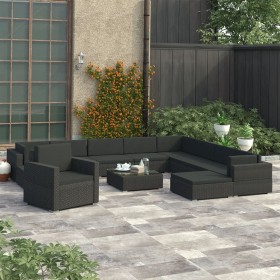 Set muebles de jardín y cojines 12 pzas ratán sintético negro Set muebles de jardín y cojines 12 pzas ratán sintético negro
