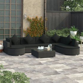 Set muebles de jardín y cojines 8 piezas ratán sintético negro