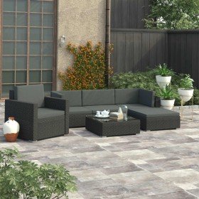 Set muebles de jardín 6 piezas y cojines ratán sintético negro Set muebles de jardín 6 piezas y cojines ratán sintético negro