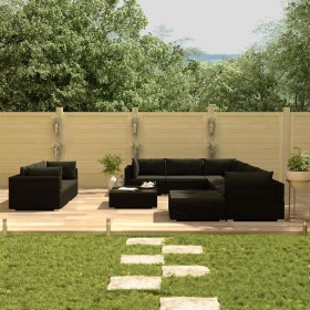 Set muebles de jardín 10 piezas y cojines ratán sintético negro