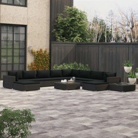 Set muebles de jardín 12 pzas y cojines ratán sintético negro