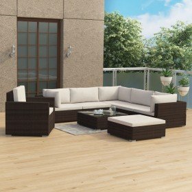 Set muebles de jardín 8 piezas y cojines ratán sintético marrón Set muebles de jardín 8 piezas y cojines ratán sintético marrón