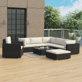 Set muebles de jardín 8 piezas y cojines ratán sintético negro