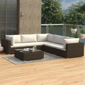Set muebles de jardín 6 piezas y cojines ratán sintético marrón