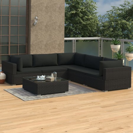 Set muebles de jardín 6 piezas y cojines ratán sintético negro
