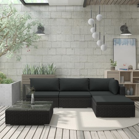 Set muebles de jardín 5 piezas y cojines ratán sintético negro