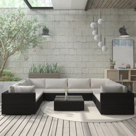 Set de muebles de jardín 9 pzas y cojines ratán sintético negro