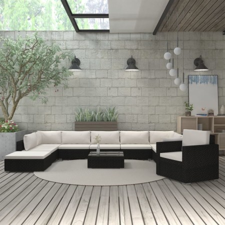 Set muebles de jardín 11 pzas y cojines ratán sintético negro