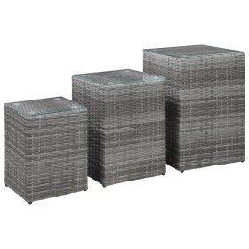 Mesas auxiliares 3 pzas superficie vidrio ratán sintético gris Mesas auxiliares 3 pzas superficie vidrio ratán sintético gris