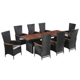 Set comedor de jardín 9 piezas y cojines ratán sintético negro Set comedor de jardín 9 piezas y cojines ratán sintético negro