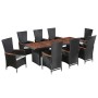 Set comedor de jardín 9 piezas y cojines ratán sintético negro