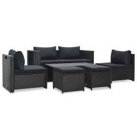 Set muebles de jardín 6 piezas y cojines ratán sintético negro Set muebles de jardín 6 piezas y cojines ratán sintético negro