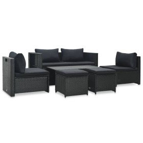 Set muebles de jardín 6 piezas y cojines ratán sintético negro Set muebles de jardín 6 piezas y cojines ratán sintético negro
