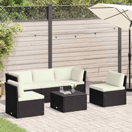 Set muebles de jardín y cojines 4 piezas ratán sintético marrón