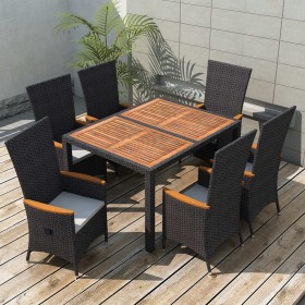 Set comedor de jardín 7 piezas ratán sintético y madera negro Set comedor de jardín 7 piezas ratán sintético y madera negro