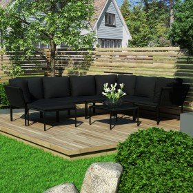 Juego de muebles de jardín 8 piezas con cojines PVC negro en Conjuntos de jardín | Comprar online en Foro24