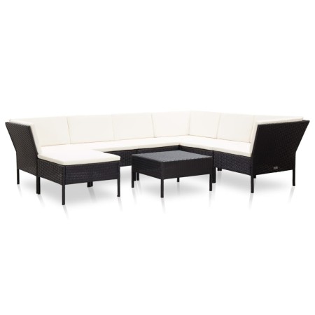 Set muebles de jardín 8 piezas y cojines ratán sintético negro