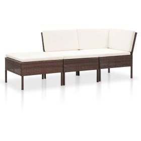 Set muebles de jardín 3 pzas y cojines ratán sintético marrón