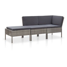 Set de muebles de jardín 3 pzas y cojines ratán sintético gris Set de muebles de jardín 3 pzas y cojines ratán sintético gris