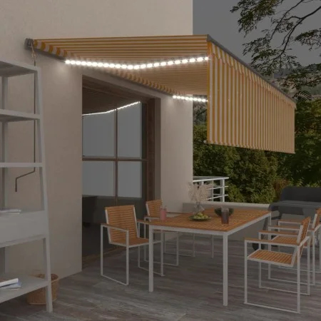 Manual retractable awning with blinds and yellow and white LED 5x3 m by vidaXL, Awnings - Ref: Foro24-3069463, Price: 444,75 ...