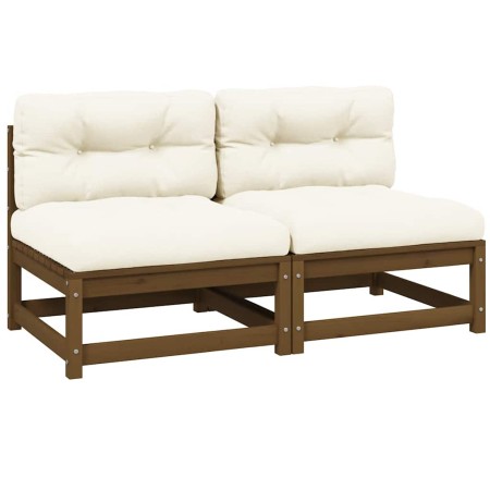 Sofá central de jardín 2 pzas cojines madera pino maciza crema