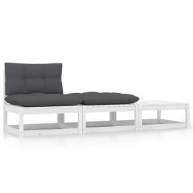 Set de muebles de jardín 3 pzas con cojines madera pino blanco Set de muebles de jardín 3 pzas con cojines madera pino blanco