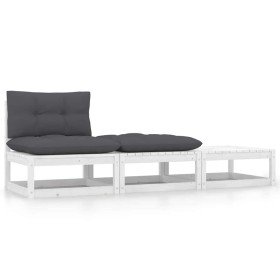 Set de muebles de jardín 3 pzas con cojines madera pino blanco Set de muebles de jardín 3 pzas con cojines madera pino blanco