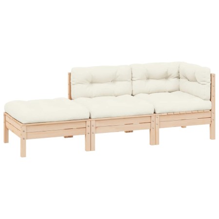 Muebles de jardín 3 piezas madera maciza pino con cojines crema