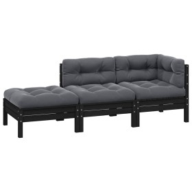 Muebles de jardín 3 pzas con cojines negro madera maciza pino Muebles de jardín 3 pzas con cojines negro madera maciza pino