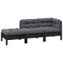 Muebles de jardín 3 pzas con cojines negro madera maciza pino