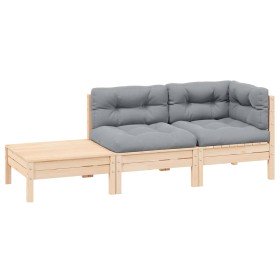 Juego muebles jardín 3 pzas con cojines gris madera pino maciza
