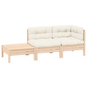 Muebles de jardín 3 piezas madera maciza pino con cojines crema Muebles de jardín 3 piezas madera maciza pino con cojines crema