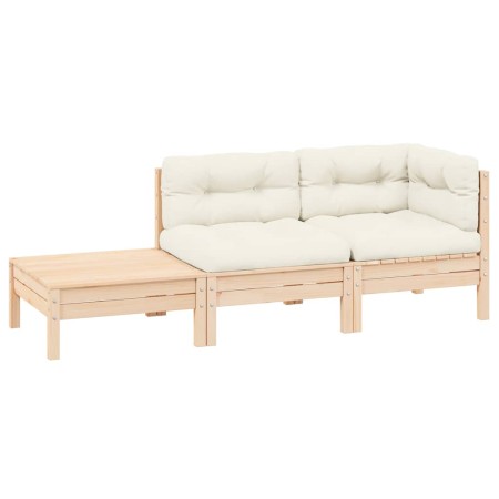 Muebles de jardín 3 piezas madera maciza pino con cojines crema